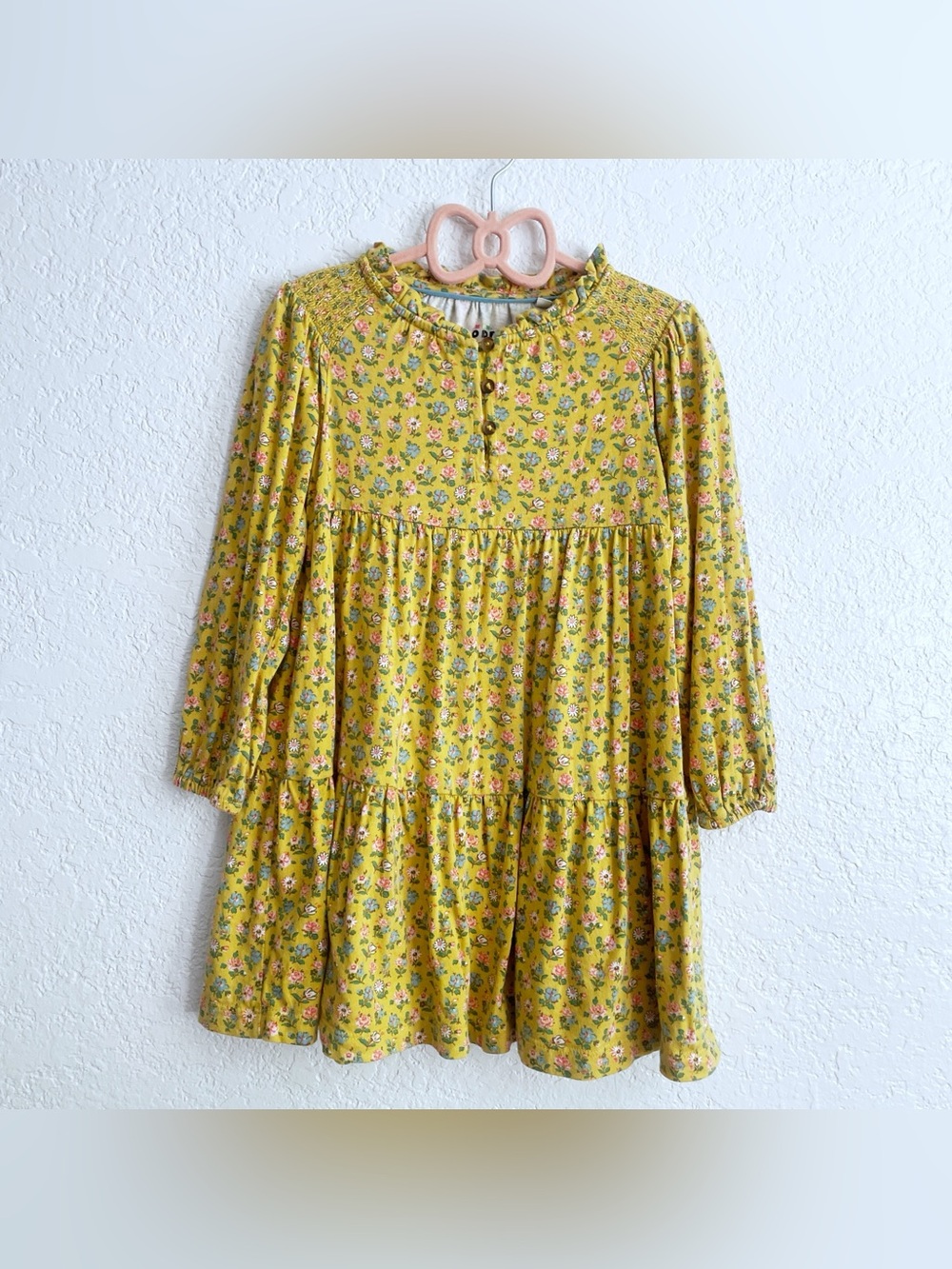 Mini Boden Yellow Floral Tiered Jersey Dress 4-5Y G4882 Ruffle Collar Prairie